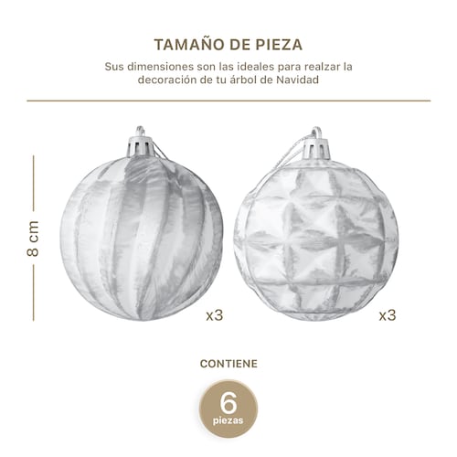 Set con 6 Esferas Decoración Navideña 8 cm Adornos para Árbol de Navidad (Blanca - Plateado) ESQUIMAL