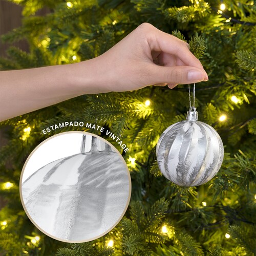 Set con 6 Esferas Decoración Navideña 8 cm Adornos para Árbol de Navidad (Blanca - Plateado) ESQUIMAL
