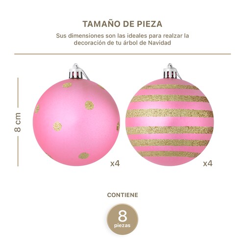 Set con 8 Esferas Decoración Navideña 8 cm Adornos para Árbol de Navidad (Rosa - Dorado) ESQUIMAL.
