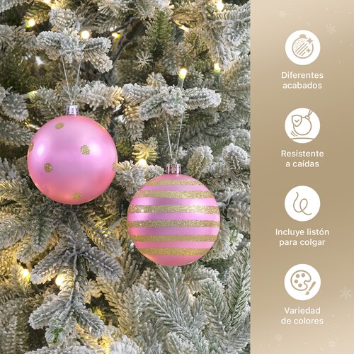Set con 8 Esferas Decoración Navideña 8 cm Adornos para Árbol de Navidad (Rosa - Dorado) ESQUIMAL.