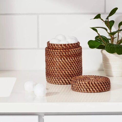 Contenedor de Ratán tejido a mano, marrón claro, para organizar el baño, encimera, dormitorio, sala de estar, coche, oficina