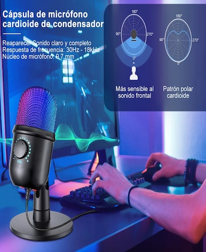 Micrófono Condensador Usb Cardioide Rgb Podcast Pc Gamer