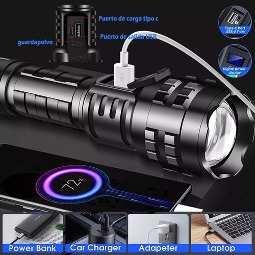 Lámpara Táctica Led Linterna Pantalla Digital 100000 Lúmenes