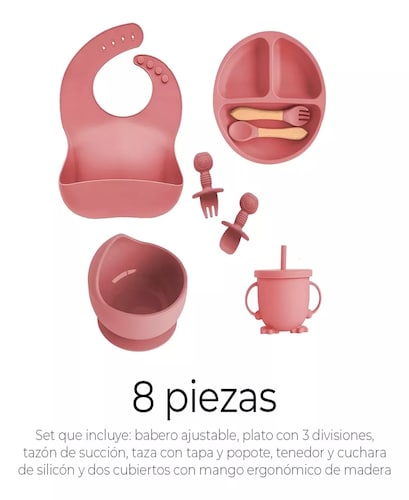 Platos para bebes - plato de silicona bebe + babero vaso + cubiertos rosado  OEM