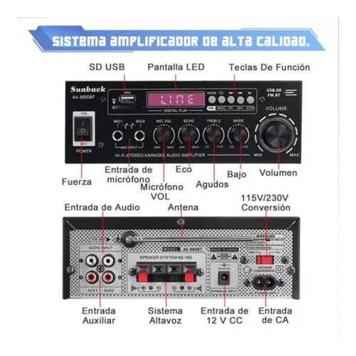 Amplificador De Audio Bluetooth 5.0 Av-660bt 1200w Negro