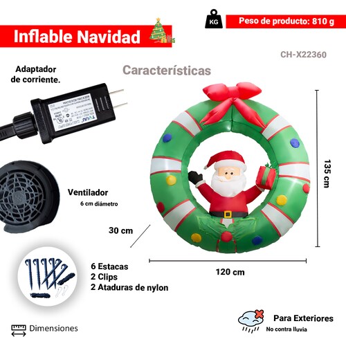 Inflable Corona con Santa Claus de 1.20 M, decoración al Aire Libre, Inflable con luz LED integrada