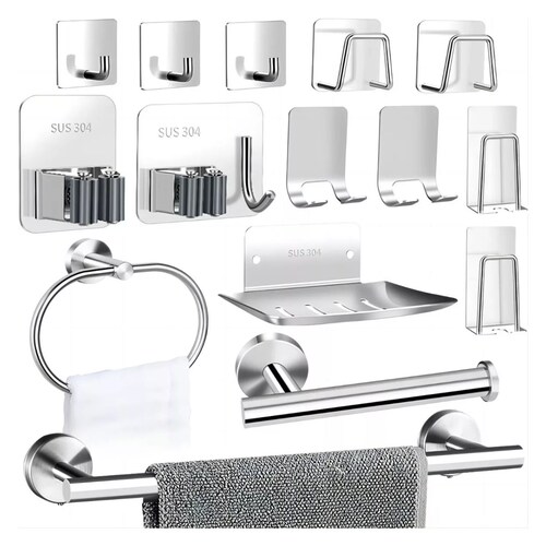 15 Pzs Juego Sets De Accesorios Para Baño Toallero Japonera Plata 