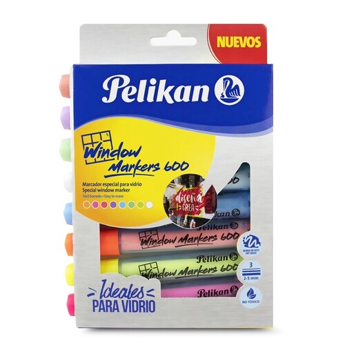 Pelikan Marcadores Para Vidrio, Rotuladores Window Markers 600, Ideal para vidrio, tablero acrílico blanco o negro, reuniones, clases, exposiciones, 8 Piezas