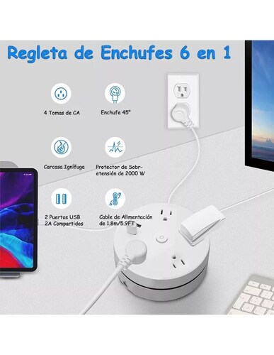 Regleta Retráctil Con 4 Salidas 2 Usb Color Blanco 