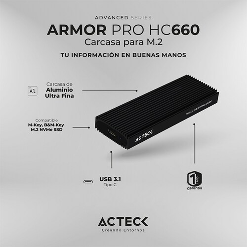 Case Enclosure ACTECK ARMOR PRO HC660 10 GBbps M.2 USB-C Negro AC-936453 