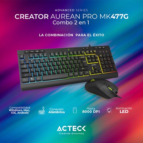 Kit Teclado y Mouse ACTECK CREATOR AUREAN PRO MK477G Alambrico USB LED AC-936750 