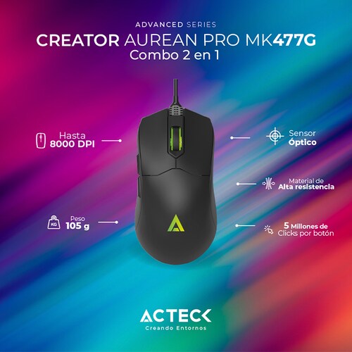 Kit Teclado y Mouse ACTECK CREATOR AUREAN PRO MK477G Alambrico USB LED AC-936750 