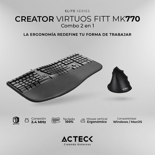 Kit Teclado y Mouse ACTECK VIRTUOS FITT MK770 Inalambrico USB-C Negro AC-936248 