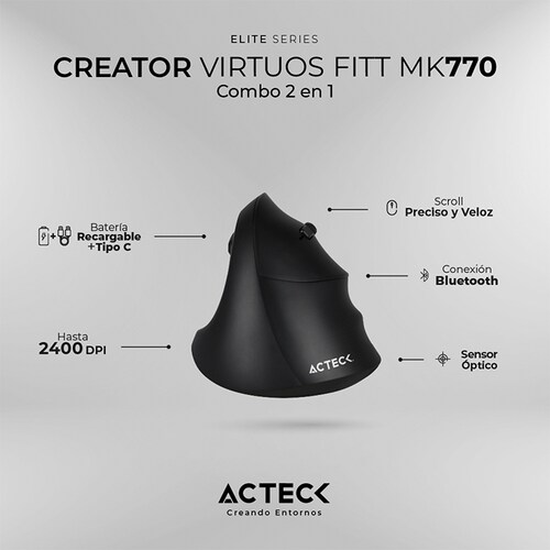 Kit Teclado y Mouse ACTECK VIRTUOS FITT MK770 Inalambrico USB-C Negro AC-936248 