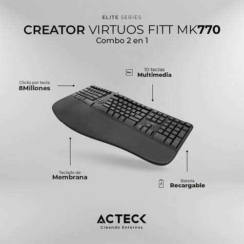 Kit Teclado y Mouse ACTECK VIRTUOS FITT MK770 Inalambrico USB-C Negro AC-936248 