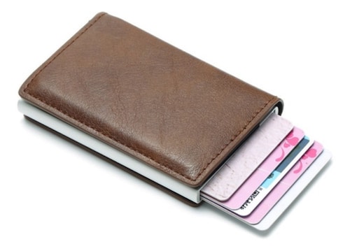 Cartera De Hombre Con Tarjetero De Aluminio Protección Rfid, Color Marrón con Plata