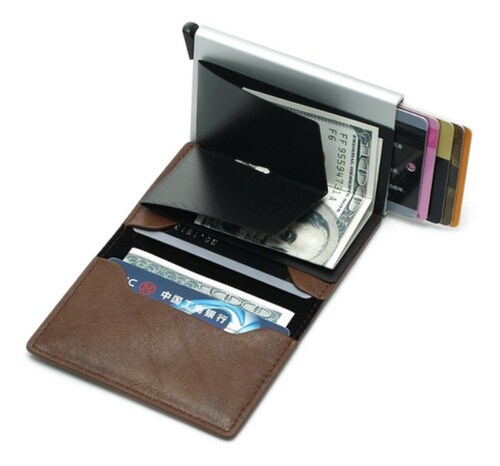 Cartera De Hombre Con Tarjetero De Aluminio Protección Rfid, Color Marrón con Plata