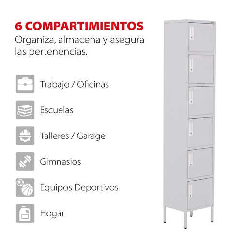 Locker Metálico Vertical 180 cm, Puerta con Cerradura, Almacenamiento, Casillero para Oficina Escuela Gimnasio Casa (Gris, 6 Puertas).