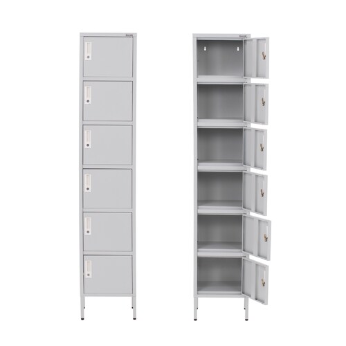 Locker Metálico Vertical 180 cm, Puerta con Cerradura, Almacenamiento, Casillero para Oficina Escuela Gimnasio Casa (Gris, 6 Puertas).