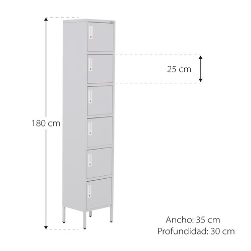 Locker Metálico Vertical 180 cm, Puerta con Cerradura, Almacenamiento, Casillero para Oficina Escuela Gimnasio Casa (Gris, 6 Puertas).