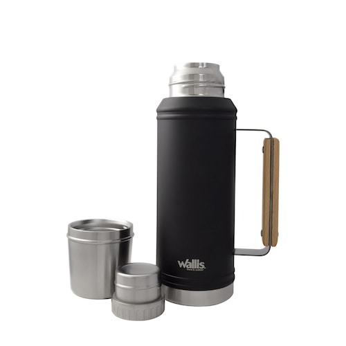 Termo de acero inoxidable, 1100 ml, negro mate con detalles en madera