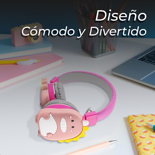 Audífonos Estéreo Bluetooth Infantil Diseño Dino Cute Rosa.
