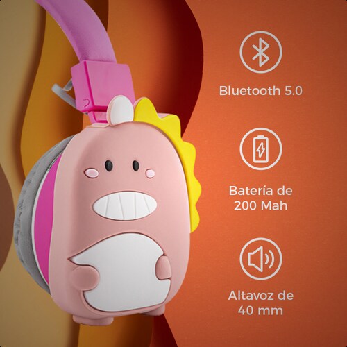 Audífonos Estéreo Bluetooth Infantil Diseño Dino Cute Rosa.