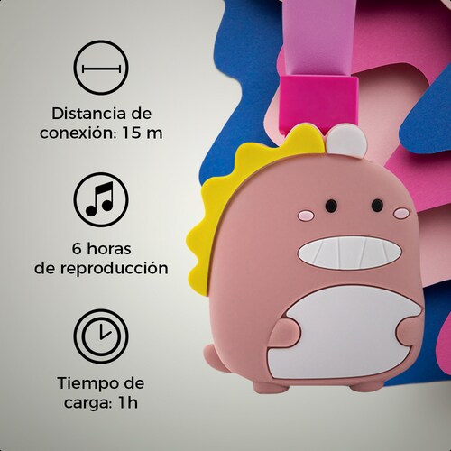 Audífonos Estéreo Bluetooth Infantil Diseño Dino Cute Rosa.