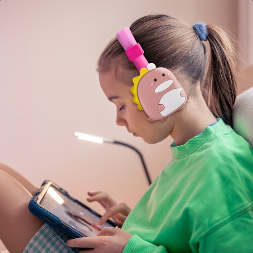 Audífonos Estéreo Bluetooth Infantil Diseño Dino Cute Rosa.