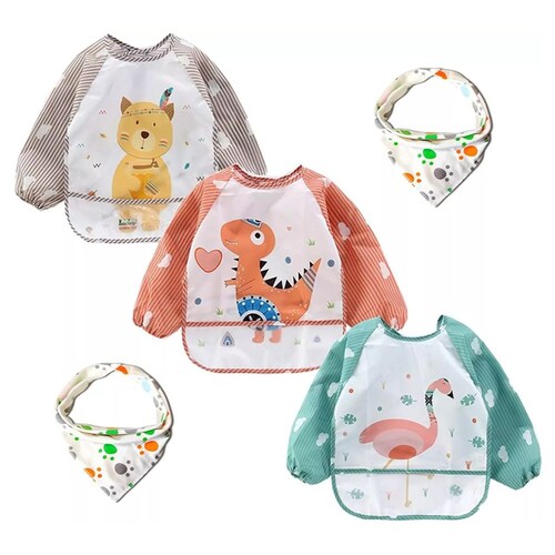 Baberos Impermeables Manga Larga Para Bebés 6-36 Meses 3 U AZUL