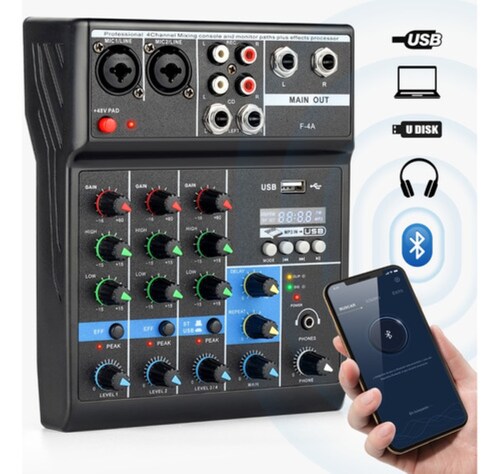Mezclador De Audio Bluetooth 4 Canales De Consola Tarjeta NEGRO