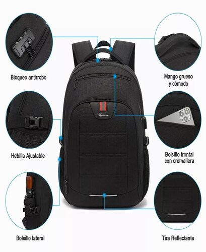 Mochila urbana Nanwei NWY6007 color negro diseño liso 35L.