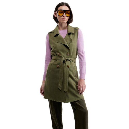 Chaleco suede largo de mujer con cinto, color verde olivo, marca Holly Land, mod. 1094843