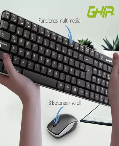 Kit de teclado y mouse inalámbrico Ghia GT4000 Español de color negro y amarillo.