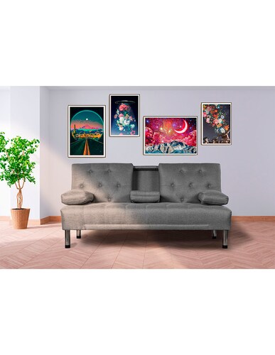 Sofá Cama De Lino Gris Claro Con Portavasos Modelo Caroli Makora.