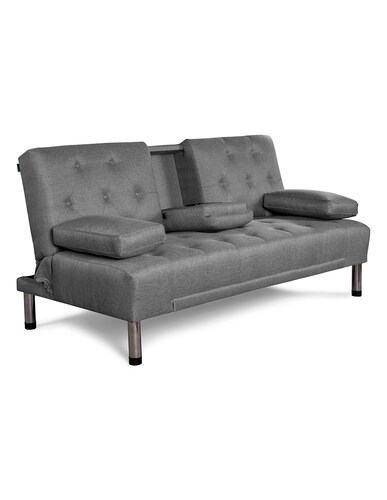 Sofá Cama De Lino Gris Claro Con Portavasos Modelo Caroli Makora.