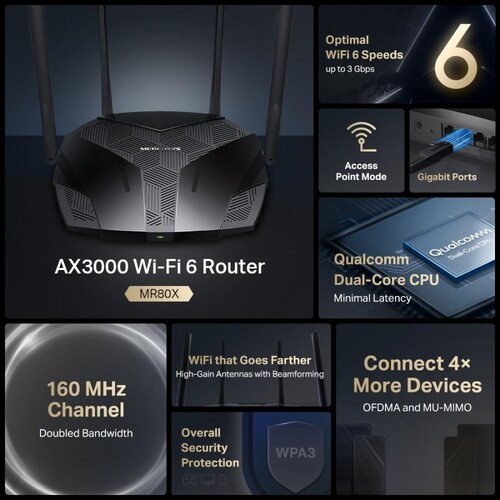 Router Inalambrico Mercusys MR80X AX3000 Wi-Fi 6 Doble Banda 2.4 Y 5GHz