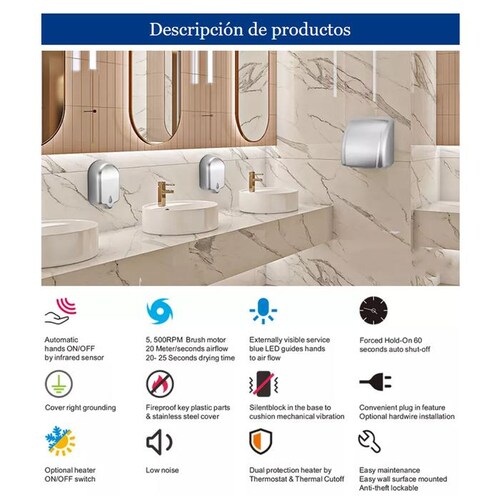 Secadores de Mano para Hoteles MXSVI-001-16 Sensor 20cm 2100W 110130V 60Hz 8A Tiempo de Secado 20 a 25 seg, DrySilver