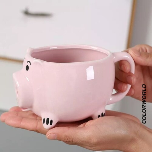  Taza Cerámica Puerquito Cerdito 400 ml, Color Rosa 
