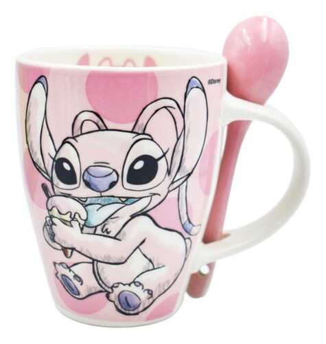Set Tazas Stitch & Angel Disney Original Cerámica Con Cuchara, Color Rosa, Azul