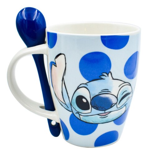 Set Tazas Stitch & Angel Disney Original Cerámica Con Cuchara, Color Rosa, Azul