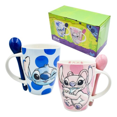 Set Tazas Stitch & Angel Disney Original Cerámica Con Cuchara, Color Rosa, Azul