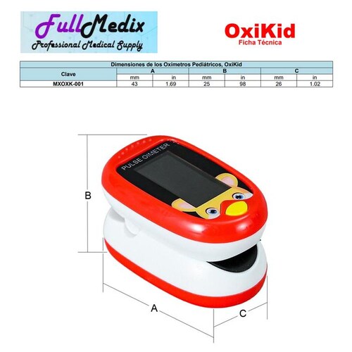 Oxímetro para bebes MXOXK-001-25 1Pza Rojo Rango de Medición 70porciento -99porciento Spo2 30 240BPM mas menos 2BPM o mas menos 2porciento PR, OxiKid