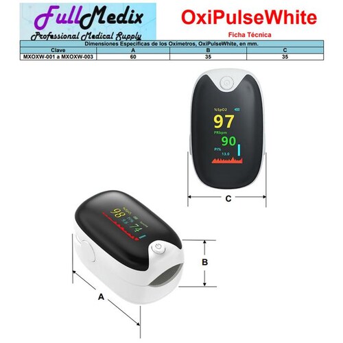 Oxímetro para botiquín MXOXW-002-9 2 pzas Blanco Rango de Medición 70porciento -99porciento Spo2 30BPM-240BPM mas menos 2BPM o mas menos 2porciento PR 2xAAA No Incluidas OxiPulseWhite