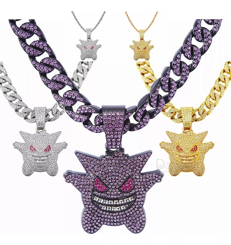 Cubana Cadena Eslabones Gengar Hip Hop Collares De Diamantes COLOR VIOLETA.