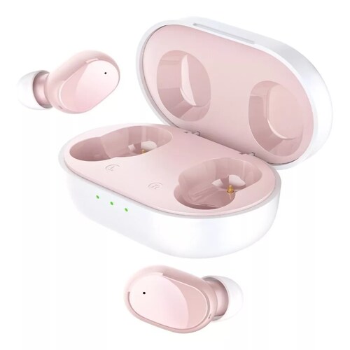 Audífonos in-ear gamer inalámbricos HTC TWS7 rosa con luz LED.