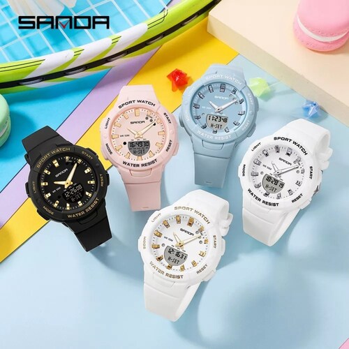 Reloj Sanda 6005 Moda Calendario Luminoso Impermeable Mujer.