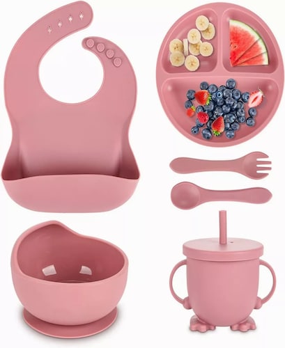 Juego De Alimentación De Silicona Antideslizante Para Bebés Color Rosa