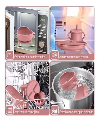 Juego De Alimentación De Silicona Antideslizante Para Bebés Color Rosa