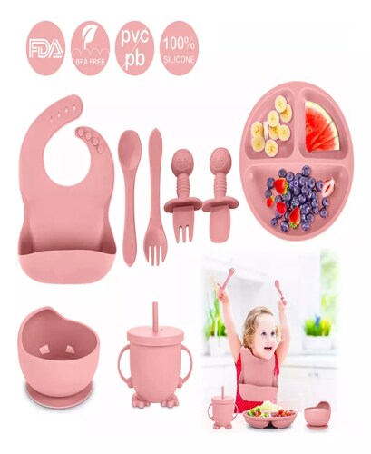 Juego De Alimentación De Silicona Antideslizante Para Bebés Color Rosa